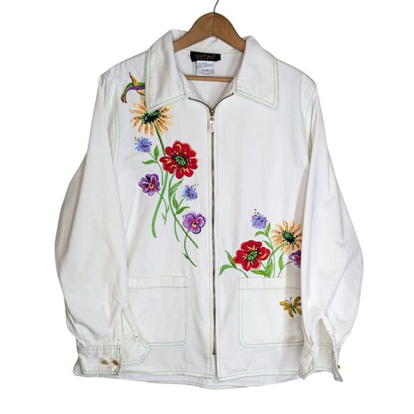 Bob Mackie Wearable Art Embroidered Floral Jacket Sz M Full Zip Hummingbird - Picture 1 of 10